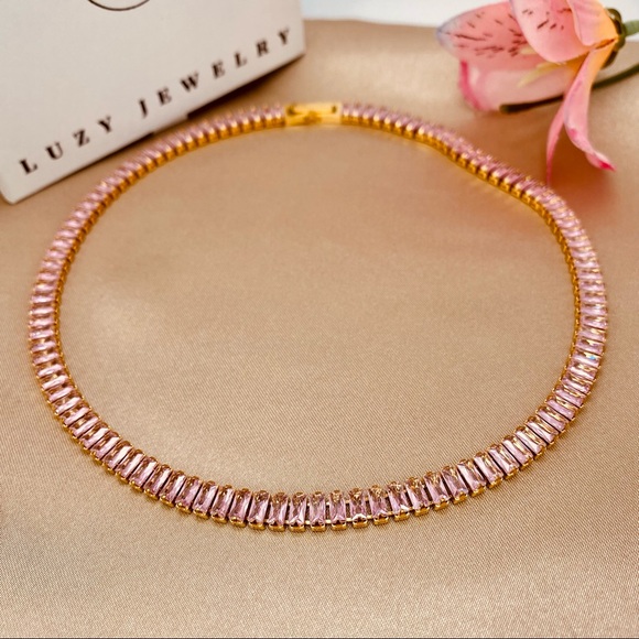 18K Gold Baguette Pastel Pink High Polished Zircon Choker Necklace - Picture 6 of 10